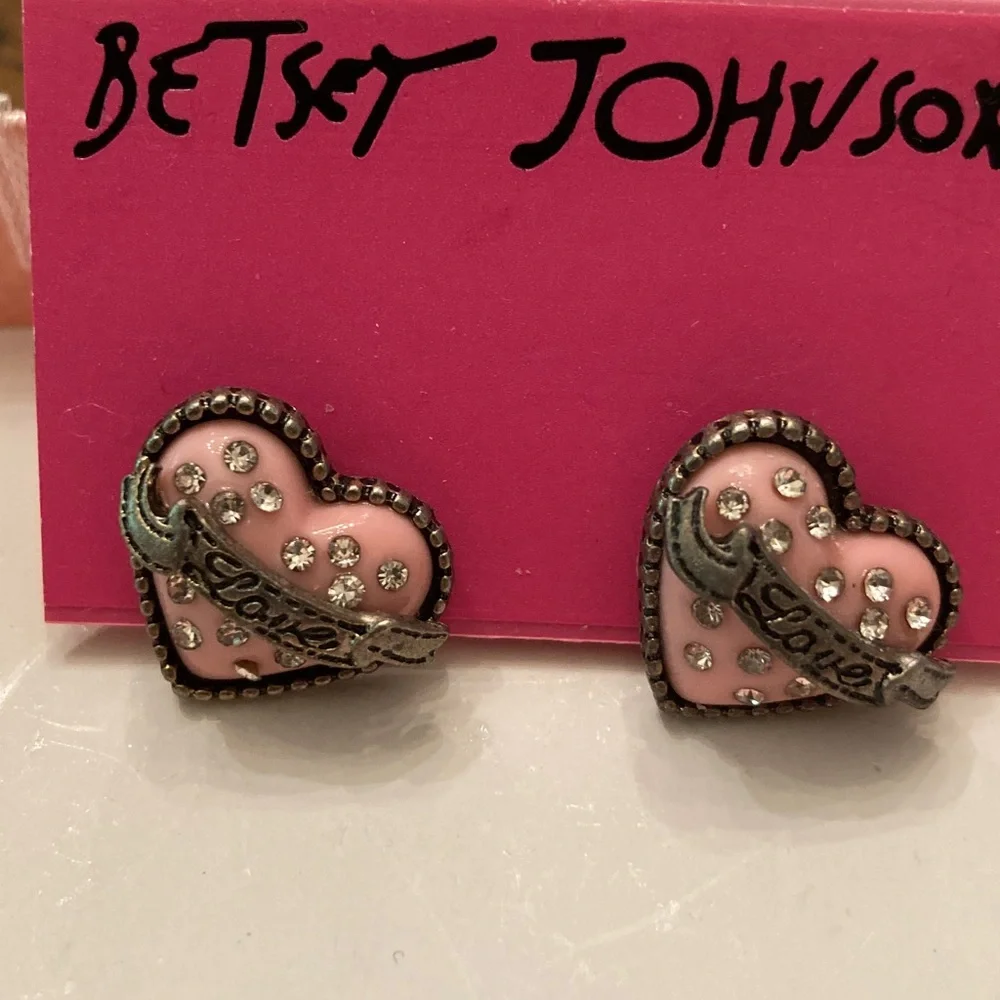 Betsey Johnson Pink Heart Earrings with Silver Accents - Picture 1 of 6